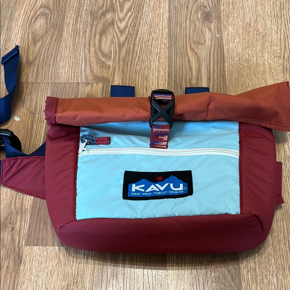 Kavu Roll-Top Waist Pack in Light Blue and Burgundy